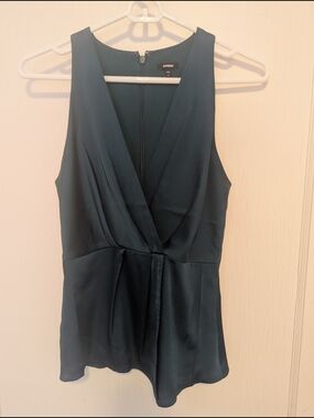 Express XS Satin Teal Green V-Neck Sleeveless Top, Gathered Faux Wrap Front